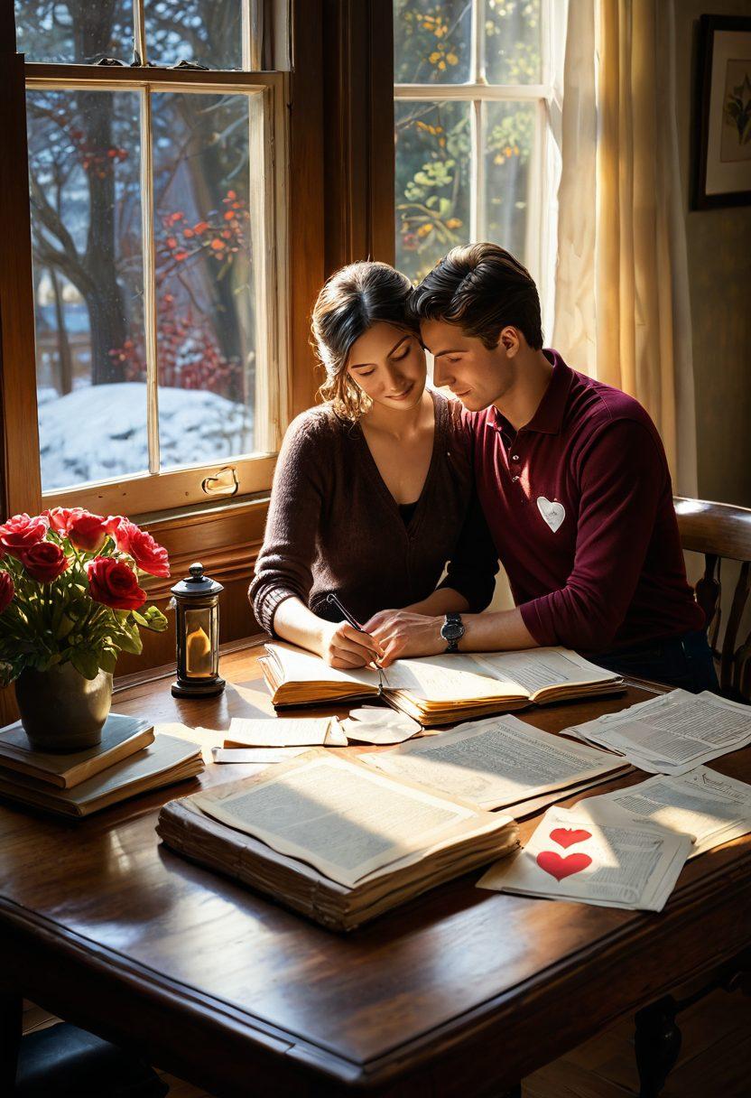 A warm and cozy scene depicting a couple surrounded by insurance documents intertwined with heart symbols, representing love and security. Soft light filters through a window, casting gentle shadows and creating an intimate atmosphere. A small antique table holds a framed photo of the couple, reinforcing their love story alongside the financial elements. Use vibrant colors and a soft, romantic style. painting.