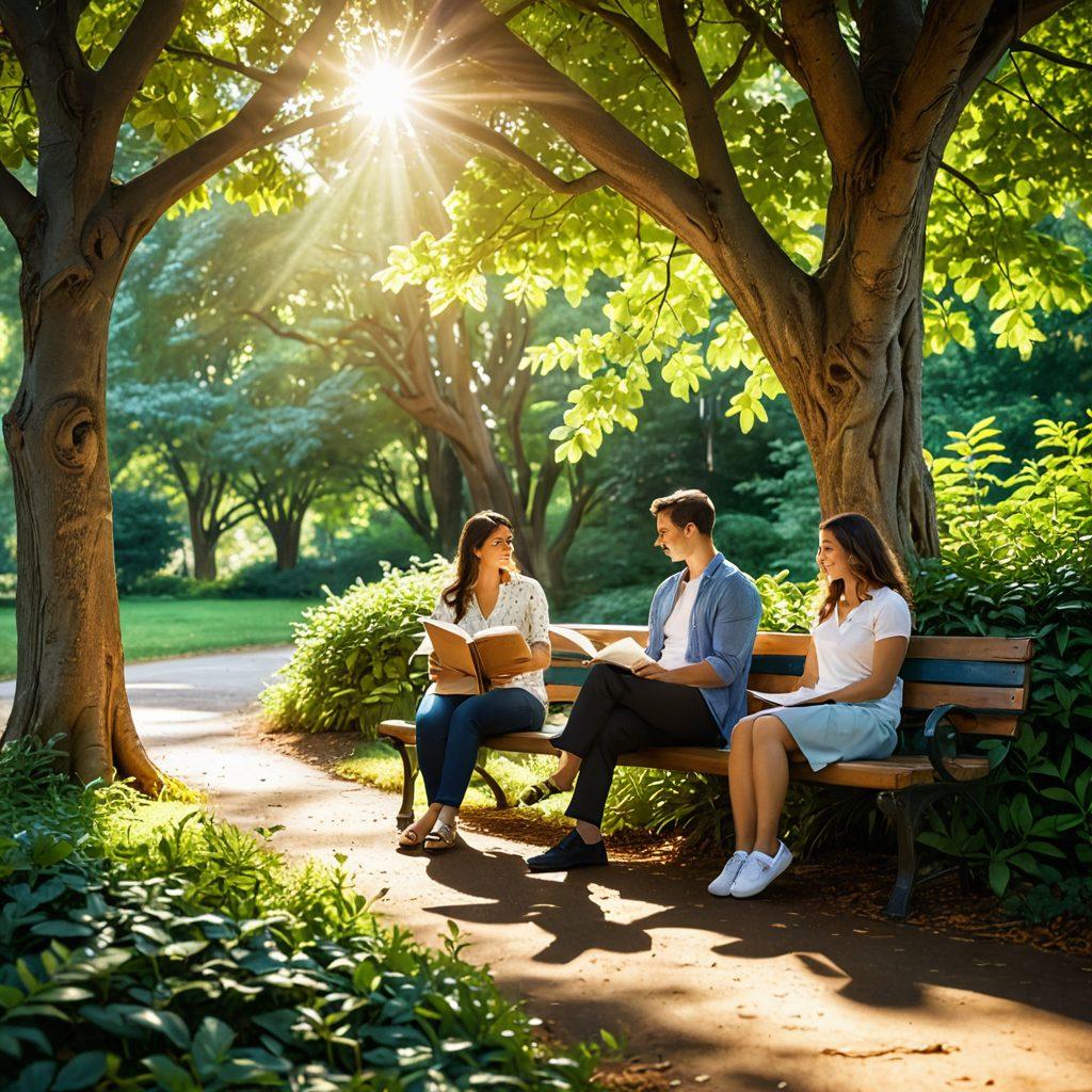 A serene scene depicting a couple sitting together on a park bench, surrounded by lush greenery, holding an insurance policy document that symbolizes security and love. In the background, a soft blend of their future dreams is illustrated with vibrant family moments and protection symbols like a shield and heart. The sunlight filters through trees, creating a warm and inviting atmosphere. An open book beside them reflects life lessons. super-realistic. vibrant colors. peaceful setting.