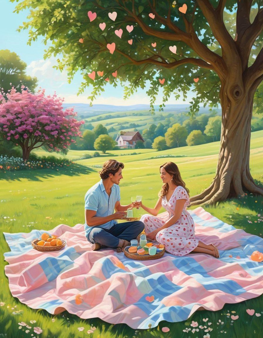 A whimsical scene depicting a couple sitting at a beautifully set picnic under a tree, surrounded by symbols of love like hearts and flowers, while a gentle breeze carries away insurance documents as butterflies. In the background, a serene landscape merges romance with the security of a home. Soft pastel colors dominate the image, creating an inviting and dreamy atmosphere. vector art. vibrant colors.